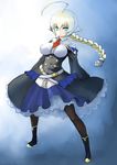  ahoge black_legwear blazblue blazblue:_central_fiction blonde_hair blue_eyes boots braid breasts dress es_(xblaze) frills highres huge_ahoge johan_(johan13) large_breasts long_hair pantyhose ringed_eyes single_braid solo standing underbust xblaze 