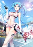  2016 aqua_eyes aqua_hair arm_at_side bangs black_panties blue_eyes blue_hair blue_sky blurry breasts clothes_writing cloud colored_eyelashes covered_navel crowd dated day depth_of_field dress elbow_gloves flag gloves goodsmile_company goodsmile_racing hatsune_miku highres holding holding_flag lens_flare long_hair looking_at_viewer medium_breasts microdress navel outdoors panties race_queen racetrack racing_miku racing_miku_(2014) see-through signature skin_tight skindentation sky smile smiley_face solo_focus sun taut_clothes thighhighs turtleneck twintails underboob underboob_cutout underwear v vocaloid walking white_gloves white_legwear x-boy 