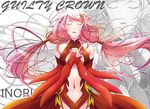  bare_shoulders breasts center_opening character_name cleavage closed_eyes copyright_name cowboy_shot detached_sleeves elbow_gloves fingerless_gloves gloves guilty_crown hair_ornament hairclip hands_on_own_chest long_hair mie_(pome_no_ki) navel open_mouth pink_hair red_eyes solo twintails yuzuriha_inori zoom_layer 