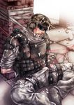  1boy armor bara battlefield battlefield_4 boots bulge cum cum_in_mouth erection f-15jrs facial glasses helmet humiliation male_focus muscle outdoors restrained sitting soldier solo solo_focus yaoi 