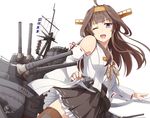  ahoge bare_shoulders brown_hair detached_sleeves double_bun flag hairband headgear kantai_collection kongou_(kantai_collection) long_hair looking_at_viewer machinery nontraditional_miko orange_hairband purple_eyes remodel_(kantai_collection) ribbon simple_background skirt smokestack solo thighhighs tri turret white_background 