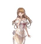  bare_shoulders brown_hair collar detached_sleeves dress granblue_fantasy grey_eyes jewelry juliet_(granblue_fantasy) long_hair looking_away minaba_hideo open_mouth short_sleeves smile solo transparent_background white_dress 