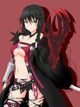  1girl armor belt black_hair braid breasts chains coat long_hair navel red_background short_shorts shorts tales_of_(series) tales_of_berseria torn_clothes underboob velvet_crowe yellow_eyes 