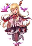  bat black_legwear blonde_hair capelet fang frilled_skirt frills granblue_fantasy head_wings hibimegane highres jumping long_hair open_mouth pantyhose petticoat pointy_ears red_eyes shingeki_no_bahamut skirt solo vampire vampy 