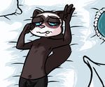  2016 anthro bed bedroom_eyes biting_lip blush bulge clothed clothing cute cute_fangs disney half-closed_eyes inkyfrog lying male mammal mustelid on_back percy_vison polecat seductive solo topless zootopia 