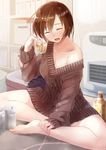  :d alcohol bare_shoulders barefoot beer blush bottle can closed_eyes collarbone daidou_(demitasse) drunk highres indoors meiko no_pants open_mouth shelf sitting smile solo sweater vocaloid 