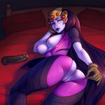  1girl areolae ass bed blue_hair blue_skin bodysuit breasts chelodoy crotch_cutout dildo gloves head_mounted_display lips long_hair looking_at_viewer nipple_piercing one_eye_closed overwatch pussy solo uncensored widowmaker_(overwatch) wink yellow_eyes 