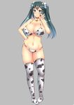  alternate_costume animal_print bad_id bad_twitter_id bell bikini blue_eyes blue_hair blush bra breasts choker cleavage collarbone covered_nipples cow_bell cow_horns cow_print full_body grey_background horns isuzu_(kantai_collection) kantai_collection kisaragi_nana large_breasts long_hair looking_at_viewer navel oral_simulation panties print_bikini shiny shiny_hair simple_background skindentation smile solo swimsuit thighhighs twintails underwear 