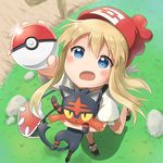  arm_up blonde_hair blue_eyes casual crossover dokka_no_kuni_no_kokuou expressionless gen_7_pokemon grass holding holding_poke_ball leg_up litten long_hair open_mouth outdoors poke_ball poke_ball_(generic) pokemon pokemon_(creature) pokemon_(game) pokemon_sm shoelaces shoes standing toshinou_kyouko yuru_yuri 