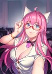  adjusting_eyewear ahoge animal_ears blue_eyes blush breasts cat_ears choker classroom cleavage fiodo gem glasses heart heart-shaped_pupils highres large_breasts lipstick long_hair looking_at_viewer makeup nail_polish original pink_hair reaching_out red-framed_eyewear self_shot shirt smile solo_focus symbol-shaped_pupils taut_clothes taut_shirt teacher upper_body watch white_shirt wristwatch xiao_me 