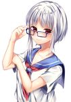  blush commentary_request eyebrows eyebrows_visible_through_hair highres ntk_(7t5) original red_eyes removing_eyewear school_uniform serafuku short_hair silver_hair simple_background smile solo upper_body white_background 