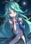  2016 aqua_eyes aqua_hair arm_at_side bare_shoulders black_dress blue_neckwear blurry blush breasts dated depth_of_field detached_sleeves dress finger_to_mouth full_moon hair_between_eyes hair_ornament hairclip highres island kantai_collection long_hair looking_at_viewer moon night night_sky signature sky small_breasts solo upper_body water yamakaze_(kantai_collection) yaosera 