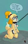  &lt;3 &lt;3_eyes animal_crossing anthro bell blush breasts canine caption clip_board collar cum cum_on_face dog drooling eyewear female fur glasses hair hairband isabelle_(animal_crossing) mammal newd nintendo nipples nude open_mouth saliva shih_tzu simple_background solo teeth video_games yellow_fur 