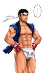  1boy abs black_hair blush bulge erection f-15jrs fundoshi gloves headband looking_away male_focus muscle pecs ryuu_(street_fighter) solo street_fighter street_fighter_iv super_street_fighter_iv torn_clothes underwear 