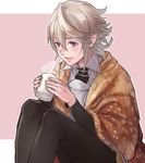  black_neckwear blanket blush bow cup fire_emblem fire_emblem_if hair_between_eyes hashiko_(neleven) holding male_focus male_my_unit_(fire_emblem_if) mug my_unit_(fire_emblem_if) necktie parted_lips patterned_background pink_bow pointy_ears red_eyes silver_hair sitting smile solo steam 