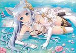  absurdres animal_ears asymmetrical_legwear blue_eyes blue_hair breasts cat_ears cleavage elbow_gloves erune eyebrows eyebrows_visible_through_hair flower gloves granblue_fantasy highres huge_filesize korwa large_breasts long_hair looking_at_viewer ozawa_yuu parted_lips partially_submerged petals pink_flower see-through solo thighhighs water white_gloves 