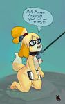  &lt;3 &lt;3_eyes animal_crossing anthro bell blush breasts canine caption clip_board collar dog drooling eyewear female fur glasses hair hairband isabelle_(animal_crossing) mammal newd nintendo nipples nude open_mouth saliva shih_tzu simple_background solo teeth video_games yellow_fur 