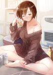  :d alcohol bare_shoulders barefoot beer blush bottle brown_eyes can collarbone daidou_(demitasse) drunk highres indoors looking_at_viewer meiko one_eye_closed open_mouth shelf sitting smile solo sweater vocaloid 