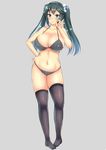  alternate_costume bell bikini black_bikini blue_eyes blue_hair blush bow breasts choker cleavage collarbone commentary_request covered_nipples full_body grey_background hair_bow hand_on_hip isuzu_(kantai_collection) kantai_collection kisaragi_nana large_breasts long_hair looking_at_viewer navel oral_simulation shiny shiny_hair simple_background skindentation smile solo swimsuit thighhighs twintails white_bow 