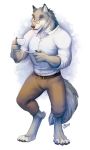 2019 4_toes 5_fingers anthro barefoot belt biped blue_eyes brown_bottomwear brown_clothing brown_pants canid canine canis claws clothed clothing cup digitigrade eyewear front_view full-length_portrait fully_clothed fur glasses goldendruid grey_claws grey_fur grey_nose grey_tail holding_cup holding_object looking_at_viewer male mammal multicolored_fur pants portrait shirt simple_background smile solo standing toe_claws toes two_tone_fur watermark white_background white_clothing white_fur white_shirt white_topwear wolf 
