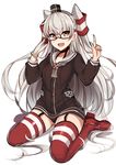  :d absurdres amatsukaze_(kantai_collection) bespectacled black_panties choker garter_straps glasses gloves highres index_finger_raised kantai_collection long_hair looking_at_viewer open_mouth panties red-framed_eyewear red_legwear semi-rimless_eyewear silver_hair simple_background single_glove sitting slm smile solo striped striped_legwear thighhighs under-rim_eyewear underwear wariza white_background yellow_eyes 