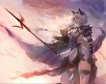  animal_ears brown_eyes cat_ears dress erune granblue_fantasy hairband heles highres holding holding_weapon long_hair polearm shogo_(shogo) short_dress shoulder_pads silver_hair sky solo spear spikes thighhighs weapon white_legwear 