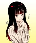  2016 bangs black_hair blue_eyes blunt_bangs blush closed_mouth commentary_request dated dragon_ball eyelashes gradient gradient_background heart hime_cut long_hair long_sleeves looking_at_viewer mai_(dragon_ball) ribbed_sweater smile solo sweater turtleneck turtleneck_sweater upper_body yellow_background yukimitsuki 