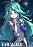  2016 aqua_eyes aqua_hair arm_at_side bare_shoulders black_dress blue_neckwear blurry blush breasts character_name dated depth_of_field detached_sleeves dress finger_to_mouth full_moon hair_between_eyes hair_ornament hairclip highres island kantai_collection long_hair looking_at_viewer moon night night_sky signature sky small_breasts solo upper_body water yamakaze_(kantai_collection) yaosera 
