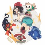  ass bag bangs beanie black_hair blue_eyes blush copyright_name floral_print from_behind full_body gen_7_pokemon hajime_(hajime-ill-1st) handbag hat highres leg_up litten mizuki_(pokemon) pokemon pokemon_(creature) pokemon_(game) pokemon_sm popplio red_hat rowlet shirt shoes short_hair short_shorts short_sleeves shorts sneakers swept_bangs t-shirt tied_shirt z-ring 