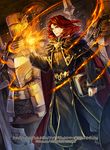  alvis_(fire_emblem) armor book cape company_connection copyright_name fire fire_emblem fire_emblem:_seisen_no_keifu fire_emblem_cipher helmet holding itou_misei long_hair long_sleeves magic male_focus multiple_boys official_art polearm red_eyes red_hair smile spear weapon 