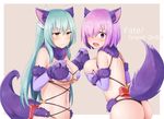  :| absurdres alternate_costume animal_ears arapi ass assisted_exposure bangs black_panties blush bow bra bra_removed breast_hold breasts cleavage closed_mouth commentary copyright_name cosplay covering covering_breasts dangerous_beast elbow_gloves eyebrows eyebrows_visible_through_hair fate/grand_order fate_(series) fur-trimmed_gloves fur_collar fur_trim gloves green_hair hair_ornament hair_over_one_eye halloween halloween_costume highres kiyohime_(fate/grand_order) large_breasts long_hair looking_at_viewer looking_back mash_kyrielight mash_kyrielight_(cosplay) matching_outfit multiple_girls navel open_mouth panties pasties pink_bow purple_eyes purple_gloves purple_hair revealing_clothes short_hair simple_background stomach surprised tail thong underwear wavy_mouth wolf_ears wolf_tail yellow_eyes 