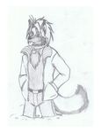  anthro canine chest_tuft clothed clothing collar fully_clothed hands_in_pockets jacket kram male mammal monochrome oldmangunda pencil_(artwork) snow solo standing tongue tongue_out traditional_media_(artwork) tuft 