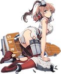  anchor ass belt blue_eyes breast_pocket breasts brown_hair closed_mouth dress flight_deck full_body hair_between_eyes hair_ornament high_heels kantai_collection kneeling large_breasts looking_back lowres machinery magazine_(weapon) neckerchief official_art pocket ponytail red_legwear red_neckwear saratoga_(kantai_collection) shizuma_yoshinori side_ponytail sidelocks sleeveless smokestack solo thighhighs torn_clothes torn_legwear transparent_background turret white_dress 