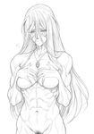  1girl abs blush breast_grab breasts dairoku_tenma female girls_und_panzer hand_on_own_chest monochrome muscle navel nekonyaa nude pubic_hair solo toned 