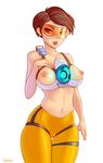  1girl adapted_costume areolae artist_name bare_shoulders breasts brown_hair cameltoe chelodoy collarbone goggles lips looking_at_viewer midriff navel nipples overwatch short_hair solo straps topless tracer_(overwatch) white_background 