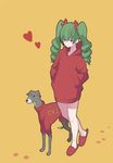  akagawa007 anchovy animal bad_id bad_pixiv_id bangs bare_legs casual closed_mouth clothed_animal clothes_writing dog drill_hair eyebrows eyebrows_visible_through_hair full_body girls_und_panzer green_hair hair_between_eyes hair_ribbon hands_in_pocket heart highres hood hoodie long_hair long_sleeves red_eyes ribbon simple_background slippers sweater twin_drills twintails walking 