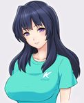  aqua_shirt black_hair breasts extra eyebrows eyebrows_visible_through_hair grey_background hibike!_euphonium large_breasts lintanghaseo lips long_hair looking_at_viewer okamoto_raimu purple_eyes shirt simple_background solo t-shirt 