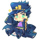  aqua_eyes belt blue_hair chain chibi earrings frown full_body gakuran hat jewelry jojo_no_kimyou_na_bouken kuujou_joutarou long_sleeves male_focus multicolored multicolored_eyes school_uniform signature sitting solo star stud_earrings toujou_sakana yellow_eyes 