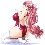 ass blush breasts competition_swimsuit from_behind glasses head_tilt kneeling large_breasts log-mi_(tonpuu) long_hair one-piece_swimsuit original pink_hair ponytail purple_eyes red_swimsuit solo swimsuit thighhighs tonpuu white_legwear 