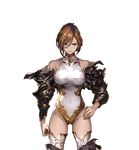  apollonia_vaar armor ass_visible_through_thighs bare_shoulders black_armor blue_eyes brown_hair gauntlets granblue_fantasy hand_on_hip leotard looking_at_viewer minaba_hideo official_art serious short_hair solo thighhighs torn_clothes transparent_background 