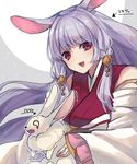  1girl :3 :d animal animal_ears bunny bunny_ears bunny_girl directional_arrow full_moon gameplay_mechanics granblue_fantasy hair_ornament holding holding_animal japanese_clothes kaguya_(granblue_fantasy) kimono long_hair moon o_o open_mouth purple_hair red_eyes smile solo tears trembling very_long_hair 