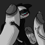  2016 anthro balls black_background blush cute_fangs disembodied_penis disney group half-closed_eyes humanoid_penis inkyfrog male male/male mammal mustelid penis penis_hug percy_vison polecat precum restricted_palette simple_background size_difference solo_focus standing teal_eyes vein veiny_penis zootopia 