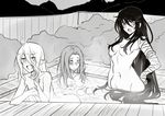  3girls ass bath blush breasts eleanor_hume fang female long_hair magilou_(tales) monochrome multiple_girls nature navel nude open_mouth outdoors plant pointy_ears tales_of_(series) tales_of_berseria velvet_crowe very_long_hair 