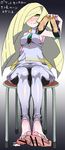  1girl barefoot blonde_hair blush chair cum ejaculation feet footjob green_eyes hair_over_one_eye holding_shoes leggings long_hair looking_at_viewer lusamine_(pokemon) no_shoes pokemon pokemon_(game) pokemon_sm shoes_removed sitting smile toes 