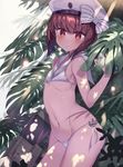  :o arm_at_side bangs bare_arms bare_shoulders beret bikini blunt_bangs blush bow character_name dappled_sunlight day eyebrows eyebrows_visible_through_hair flat_chest hat hat_bow kantai_collection kureaki_(exit) leaf looking_at_viewer navel outdoors parted_lips plant red_eyes red_hair sailor_bikini sailor_collar sailor_hat shade side-tie_bikini solo standing stomach striped striped_bow sunlight swimsuit water water_drop white_bikini white_hat z3_max_schultz_(kantai_collection) 