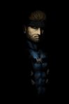  abs beard bekio brown_hair chiaroscuro facial_hair frown highres male_focus metal_gear_(series) metal_gear_solid muscle smile solid_snake solo strap upper_body 