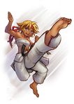  :d armpits bare_arms bare_shoulders barefoot blonde_hair blue_eyes blush breasts clenched_hand clothes_around_waist dark_skin dougi feet fighting_stance full_body headband kicking looking_at_viewer martial_arts maxa' medium_breasts navel open_mouth outstretched_foot outstretched_leg red_headband sarashi short_hair simple_background smile soles solo thick_eyebrows tild_-_mage_a_louer tild_framith toes toned v-shaped_eyebrows white_background 