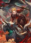  armor armored_boots axe blonde_hair boots cloud cloudy_sky company_name crimson_(fire_emblem_if) dragon fire_emblem fire_emblem_cipher fire_emblem_if gloves hairband horse lack official_art open_mouth polearm red_eyes short_hair sky solo spear teeth weapon wings wyvern 