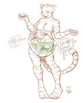  2016 anthro belly big_belly breasts claws cownugget dialogue digestion duo english_text feline female fur internal licking licking_lips mammal monochrome nude open_mouth post_vore signature speech_bubble stripes text tiger toe_claws tongue tongue_out vore 