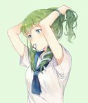  adapted_costume armpit_peek bracelet breasts casual ekita_xuan frog_hair_ornament green_background green_hair hair_ornament hair_ornament_removed hair_tubes holding holding_hair jewelry kochiya_sanae long_hair medium_breasts mouth_hold neckerchief school_uniform serafuku short_sleeves sidelocks simple_background snake_hair_ornament solo touhou tying_hair upper_body 